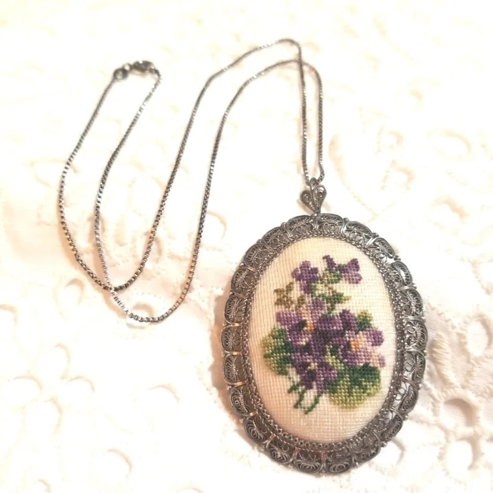 VTG STERLING 925 FILIGREE needle point necklace & brooch set two for one - Picture 4 of 9